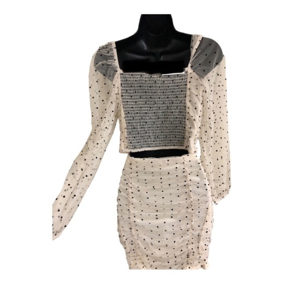 Cream 2pc polka dot chiffon tulle tufted sheer sleeve blouse &‎ skirt set size L - Picture 11 of 17